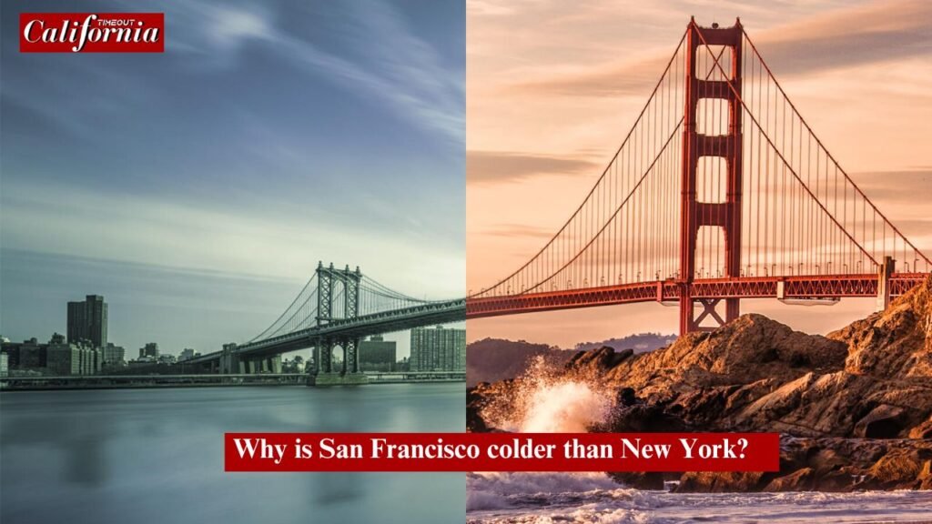 Is san francisco colder than New York? A foggy Golden Gate Bridge contrasts with a snowy New York City street."